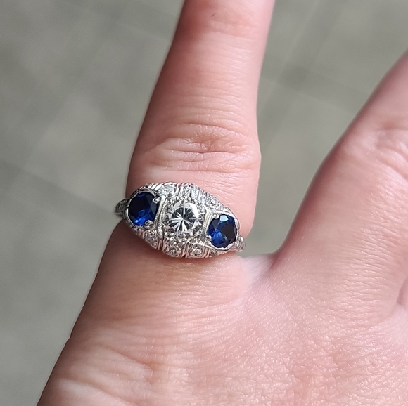 Platinum Art Deco Sapphire Diamond Cubic Zirconia - Picture 8 of 12